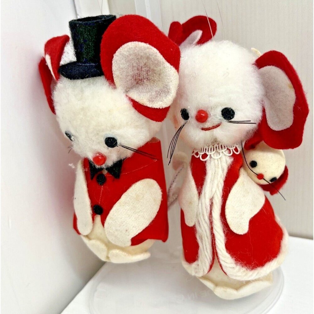 Vintage Christmas Flocked Felt Mouse Mice Tree Ornaments White red Made in Japan